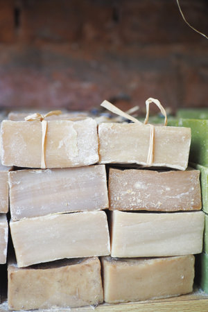stack of natural soap bar on tableの写真素材