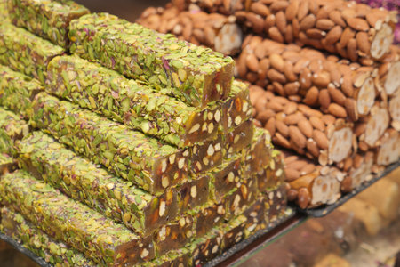 Turkish traditional sweet Turkish delight sold in the marketの写真素材