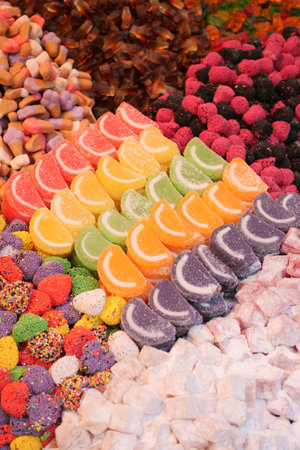 Traditional Turkish Delights displaying for sale at market .の写真素材