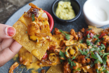 Corn chips nachos with fried minced meatの写真素材