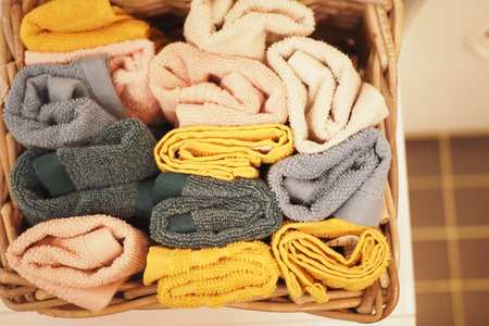 A storage basket made of wood filled with an assortment of towelsの写真素材