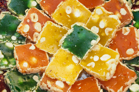 turkish delight or lokum of red, green, orange and yellow colors.
