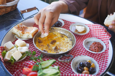 top view of turkish breakfast on tableの写真素材