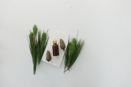 Bottle of pine essential oil and tree branch on white backgroundの写真素材