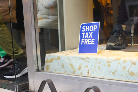 shop tax free text duty free shop sign on shop windowの写真素材