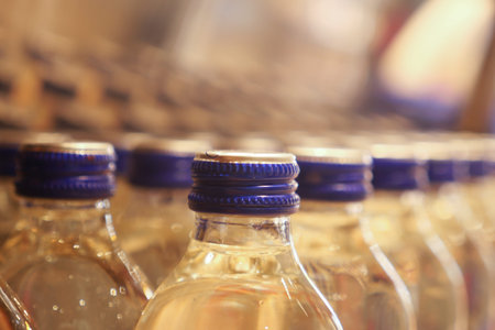 A row of bluecapped bottles is neatly arranged in an industrial factory for manufacturing purposes