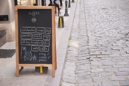 Cafe menu on black board outdoorの写真素材