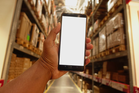 business owner holding phone mock up in warehouse.の写真素材