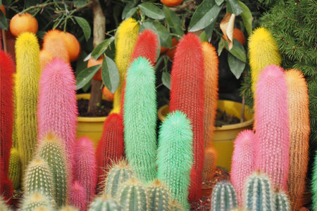 Close-up of many cactus in the pots at the marketの写真素材