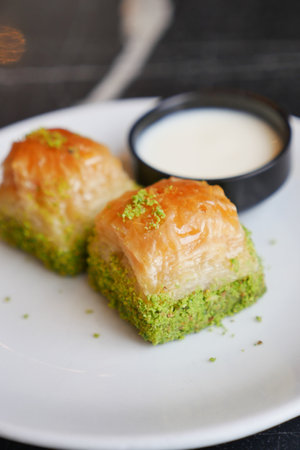 handmade turkish dessert baklava on tableの写真素材