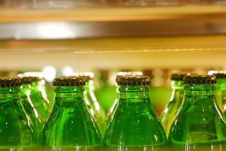Vintage beverage bottles with colorful caps on bar shelf create a nostalgic retro drinks displayの写真素材