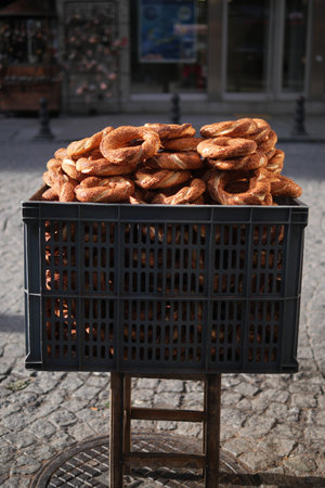 Turkish Bagel Simit selling in a vanの写真素材