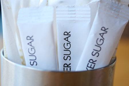 white sugar in a paper packet on tableの写真素材