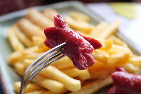 A plate of sausages and fries a delicious meat dishの写真素材