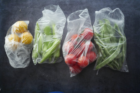 Fresh Vegetables in Clear Plastic Bag, Healthy Eating and Zero Waste Concept