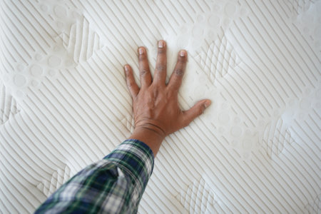 Hand touching and pressing orthopedic mattress on bed.の写真素材