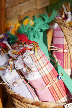 Discover Colorful Handcrafted Textiles Beautifully Arranged in Baskets for All Occasionsの写真素材