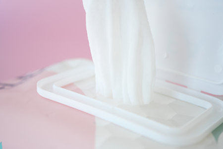 Cleansing wet wipes on table with copy spaceの写真素材