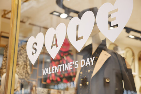 A message celebrating Valentines Day displayed on the glass door of a trendy fashion boutiqueの写真素材