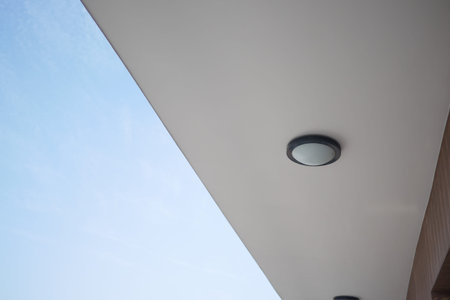 A Stunning Modern Architectural Ceiling Featuring a Stylish Light Fixture Beneath a Clear Sky