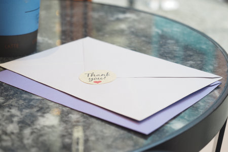 thank you message and envelope on wooden tableの写真素材