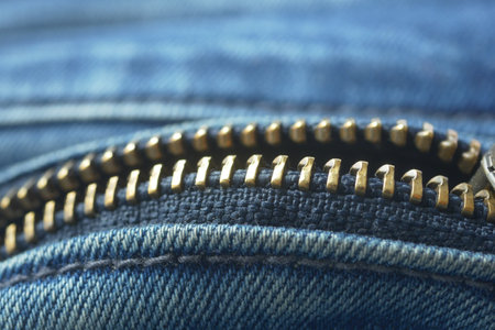 A CloseUp View of a Luxurious Golden Zipper on Fashionable Denim Jeans for Styleの写真素材