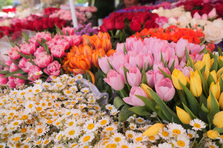 A Vibrant Flower Market Display Featuring Colorful Bouquets and Fresh Blooms Galore