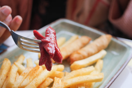 A plate of sausages and fries a delicious meat dishの写真素材
