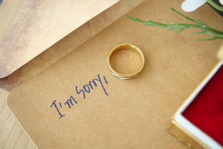 Note with the sorry word next to a wedding ring.の写真素材