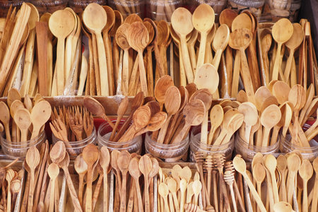 Discover Beautiful Handcrafted Wooden Spoons and Utensils Available at Our Market Stall Todayの写真素材