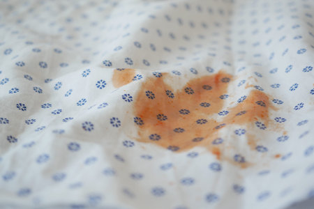 Stained Fabric CloseUp Detailed View of Patterned Material Featuring an Orange Markの写真素材