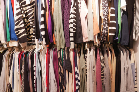 A Colorful Wardrobe that is Full of Various Clothing Items Neatly Organized on Hangersの写真素材