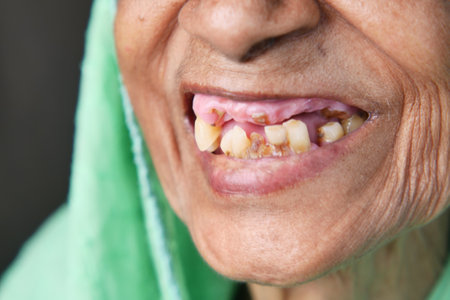 close up of senior womens dental caries and some broken teethの写真素材