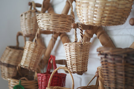 A Stunning Collection Featuring Beautifully Crafted Woven Baskets Neatly on Displayの写真素材