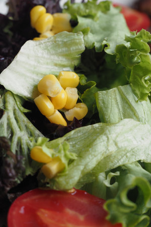 A Fresh Green Salad that is enhanced with Sweet Corn and delicious Tomatoes for a tasty mealの写真素材