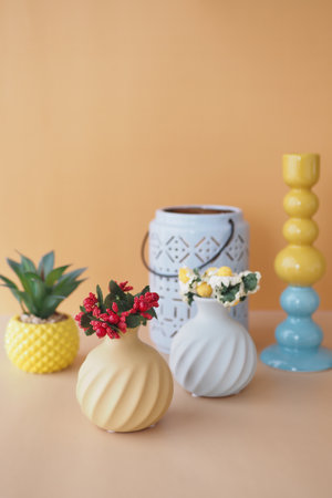 Explore Vibrant and Colorful Decorative Vases and Beautiful Plants for Modern Home Decorの写真素材