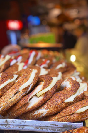 stack of Turkish Bagel Simit with cheeseの写真素材