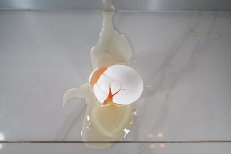 Fresh broken egg in kitchen floorの写真素材