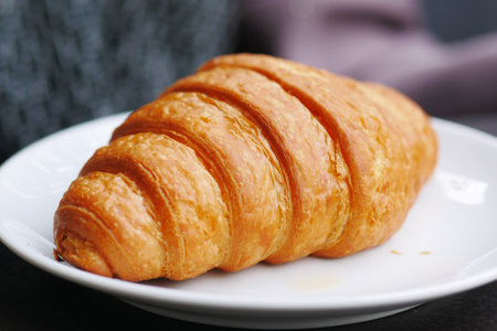 fresh baked croissant on plate with copy spaceの写真素材