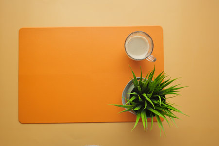 A minimalist workspace featuring a stylish plant and a cup of coffee resting on an orange surfaceの写真素材