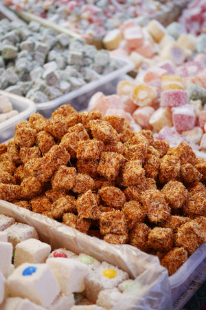Traditional Turkish Delights displaying for sale at marketの写真素材