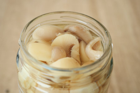 top view of Canned mushrooms on tableの写真素材