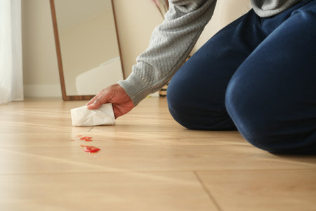 A person is diligently cleaning red stains that have appeared on their wooden floor surfaceの写真素材