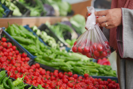 women Choose ripe tomato and putting in a plastic packetの写真素材