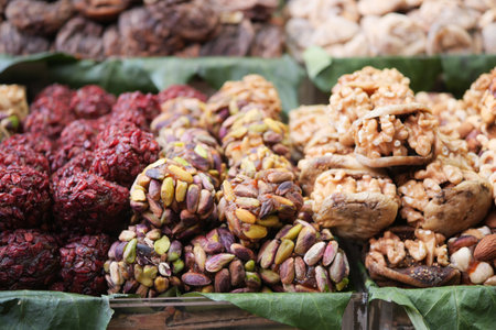 A Beautiful and Colorful Assortment of Nut and Sweet Confectionery Artfully Displayedの写真素材