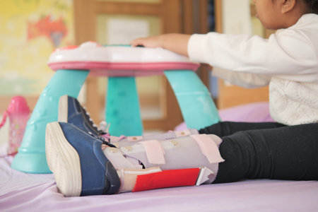 child with Colorful Childs Leg Braces on bed playing with toys