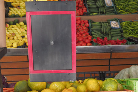 A Fresh Produce Display in a Grocery Store Featuring an Empty Sign with Various Optionsの写真素材