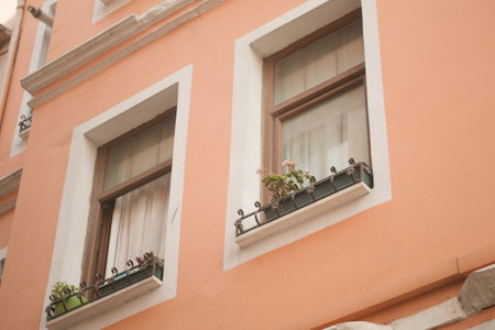 Captivating Charming Pink Building Featuring Beautiful Window Boxes Located in Urban Settingの写真素材