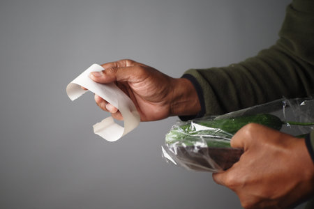 Close-Up of Hands Holding Receipt and Grocery Packetの写真素材