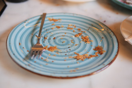An Empty Spiral Plate with a Fork Resting on it After a Satisfying Mealの写真素材